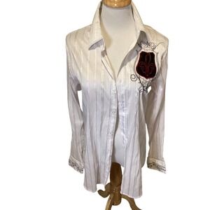 El General Mens White Embroidered Fleur de Lis Dragon Button Down Shirt Size L